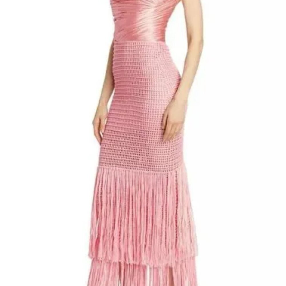 Alejandra Alonso Rojas Draped Bustier Crochet Fringe Maxi Dress Rose NWT - Picture 9 of 9